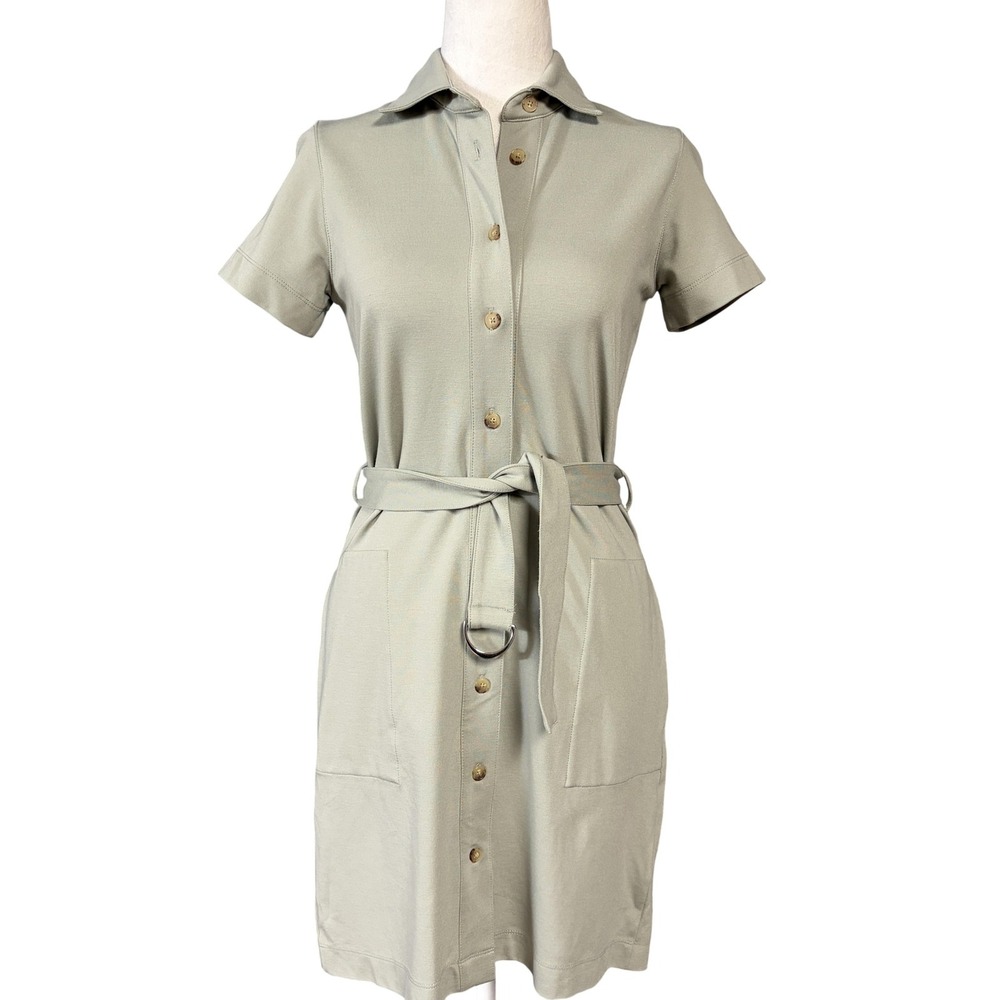 Club Monaco Dress Womens XS Green Short Sleeve Belted‎ Button Front Shirt Dress